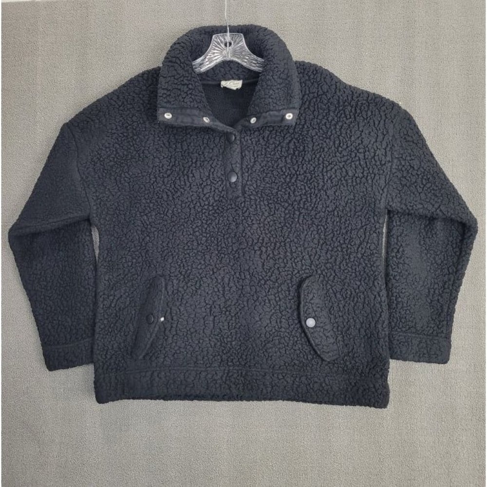 J.CREW Size M Women's Black Snap-Collar Sherpa Sweatshirt in Polartec Fleece